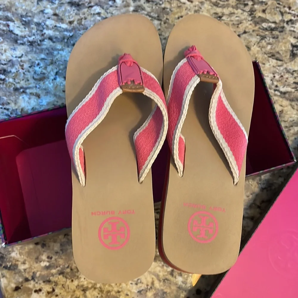 Tory Burch Pink and Tan Flip Flop Sandals